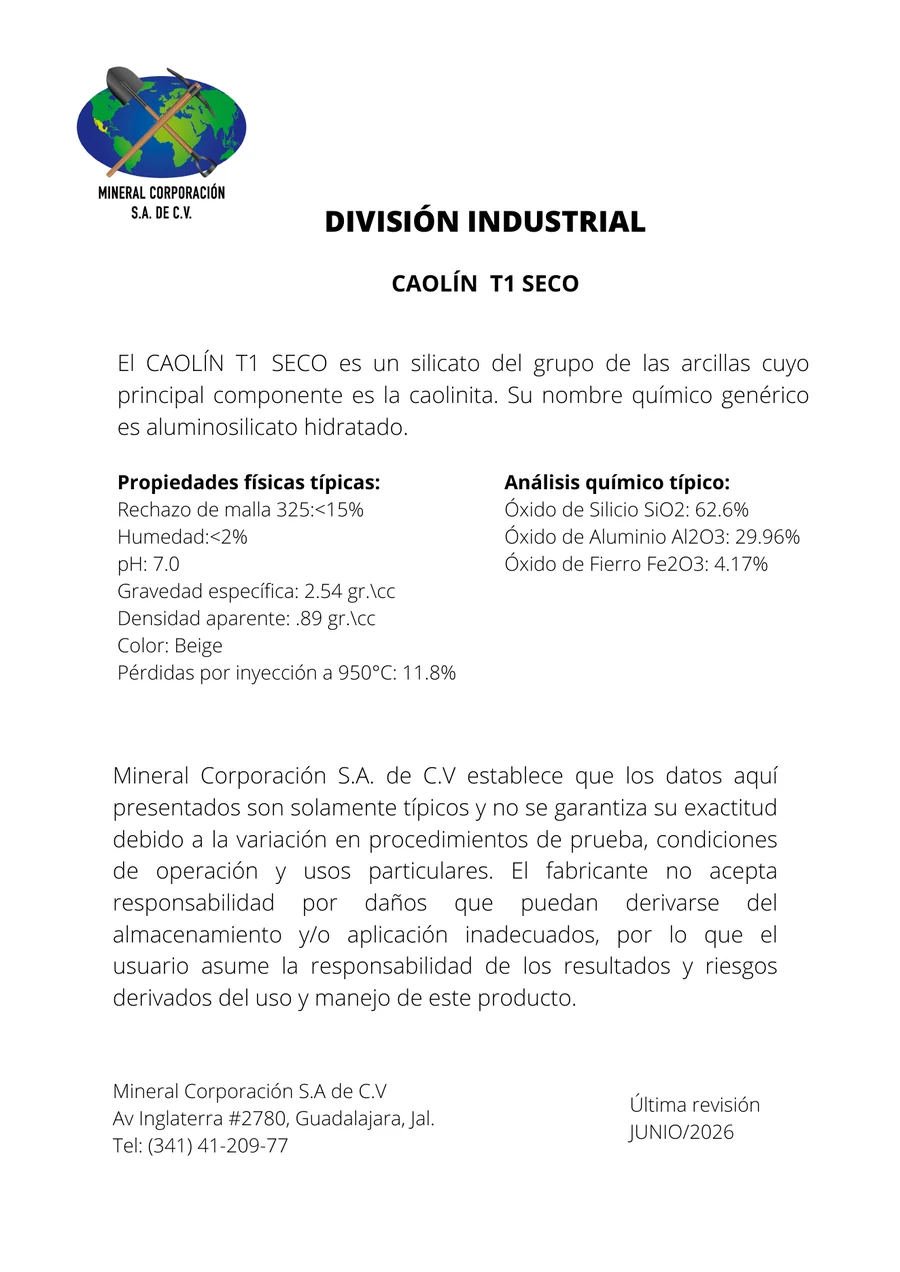 Vista previa ficha técnica Caolín T1 Seco