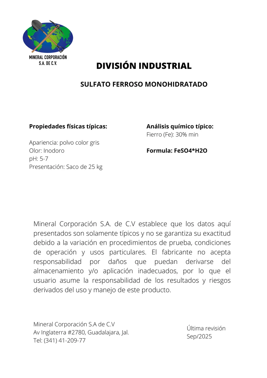 Vista previa ficha técnica Sulfato Ferroso Monohidratado