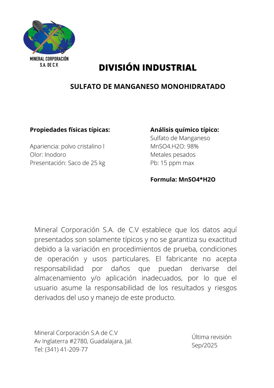 Vista previa ficha técnica Sulfato de Manganeso Monohidratado